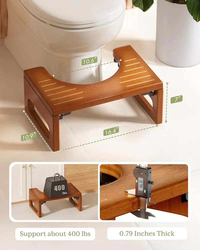 7 Inches Bamboo Toilet Stool Squat for Adults, Foldable Squatting Potty Stool for Bathroom, Improve Bathroom Posture and Comfort