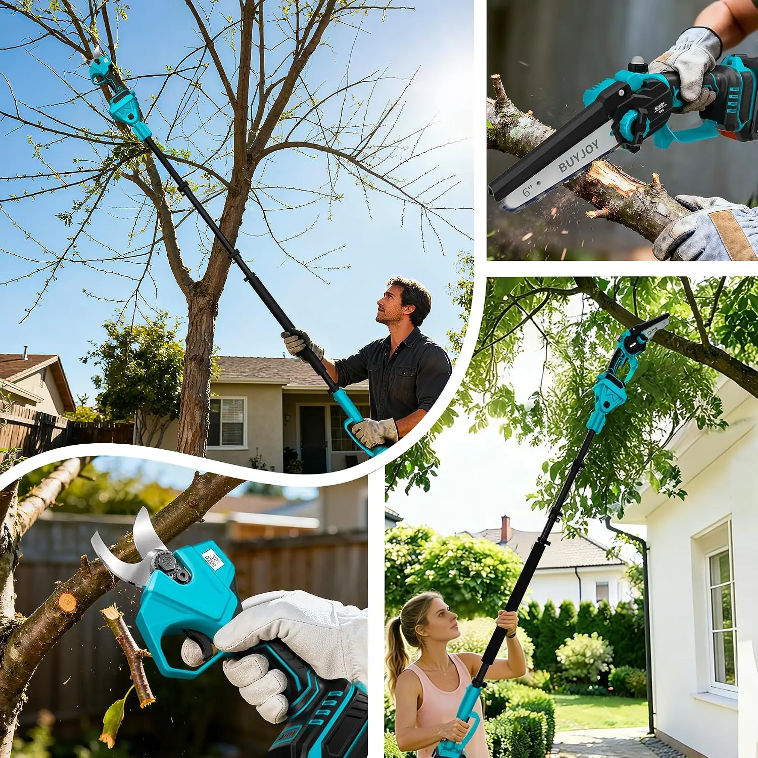 Cordless 4-in-1 Tree Trimming Tool: Electric Pruning Shears, Pole Saw, 6-Inch Chainsaw and 1.4-Inch Cutting Diameter Pruner