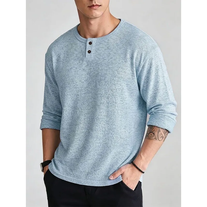 Mens Henley Neck Solid Knit Sweater Long Sleeve Casual Pullover Top