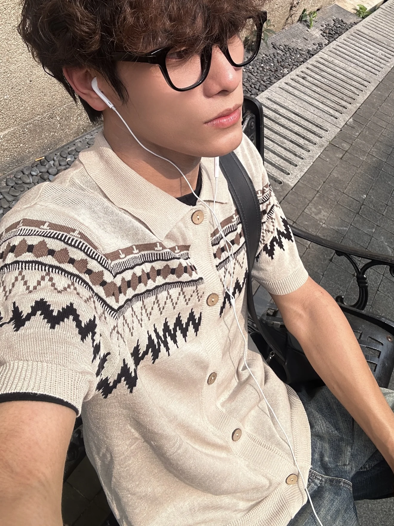 

Feilao Island Knitted Short Sleeve T-Shirt Men's Summer Casual Loose Open Cardigan Top Couple's Breathable Geometric Pat...