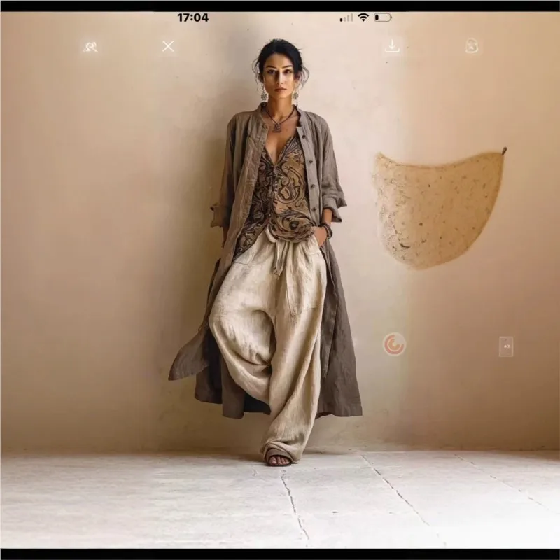 Vintage Print 3-Piece Set Women Casual Long Sleeve Long Cardigan Coat + V-Neck Top+ Wide-leg Trousers Loose Long Pants Sets 2026