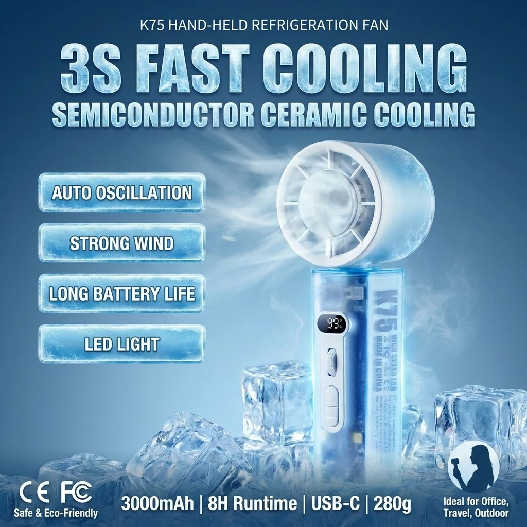 

Handheld Cooling Fan 3000mAh USB Rechargeable Mini Personal Air Cooler with Auto Oscillating LED Light 10H Runtime 45dB Quie