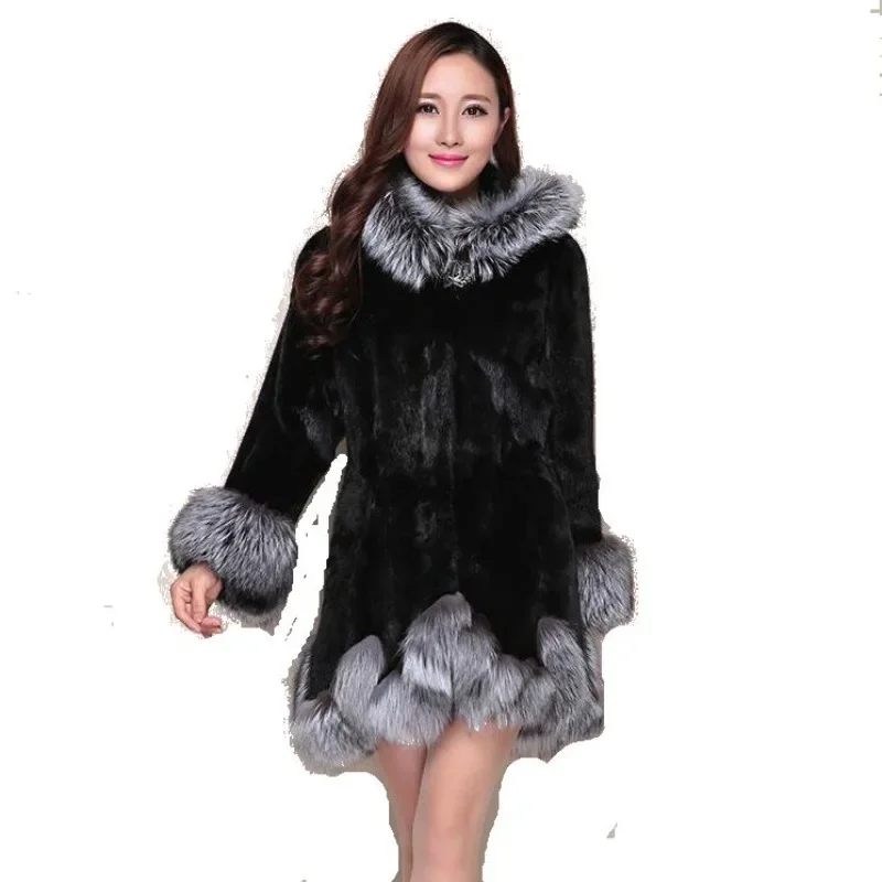 Faux Fur coat Women autumn and winter Mink coat Fox fur collar Hooded jacket Plus size 6XL top Fur female christmas clothes