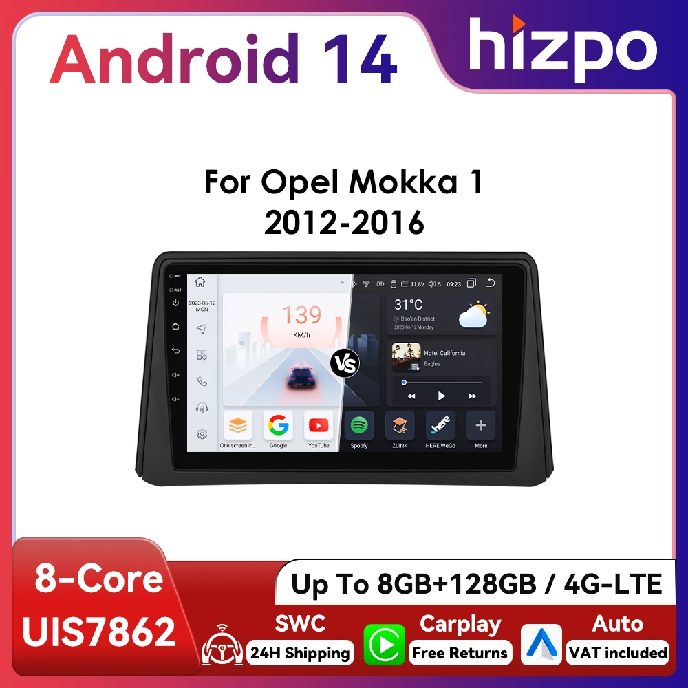 9 "Hizpo 2Din Android autoradio per Opel Vauxhall Mokka 1 2012 - 2016 UI7862 Multimedia SWC RDS DSP 4G BT CarPlay 360 ° CAM