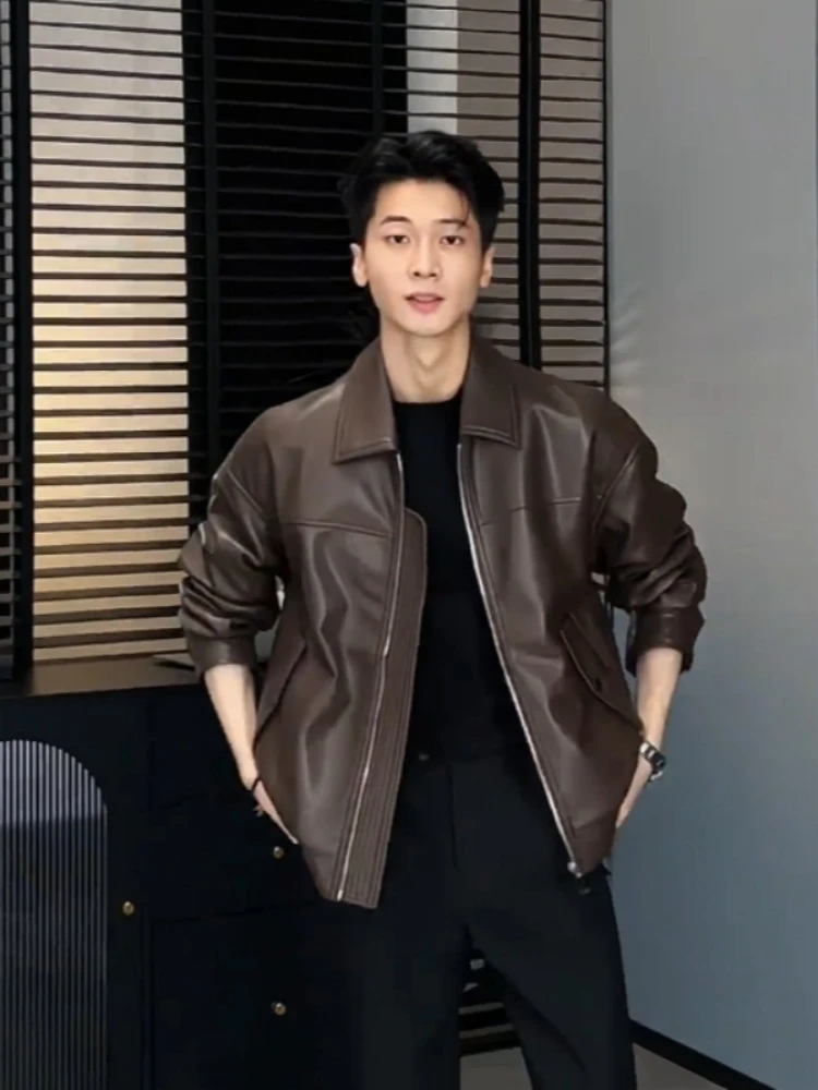 

Модный американский коричневый кожаный джет, мужской осенне-зимний элитный мотоциклетный костюм в стиле ретро, крутой дэт из искусственной кожи