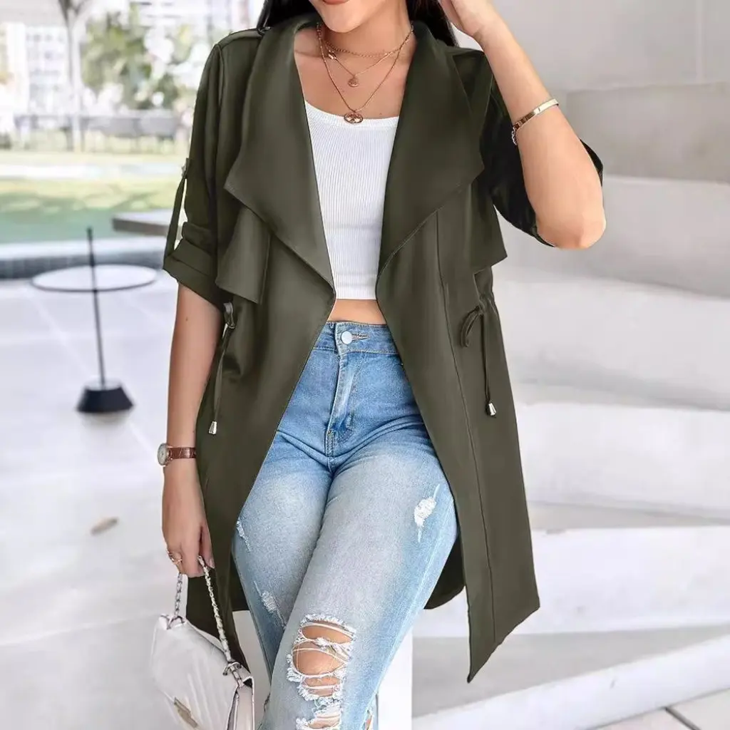 

Women's Loose Solid Color Long Sleeve Windbreaker Coat Autumn Winter Fashion European American Style Clothing