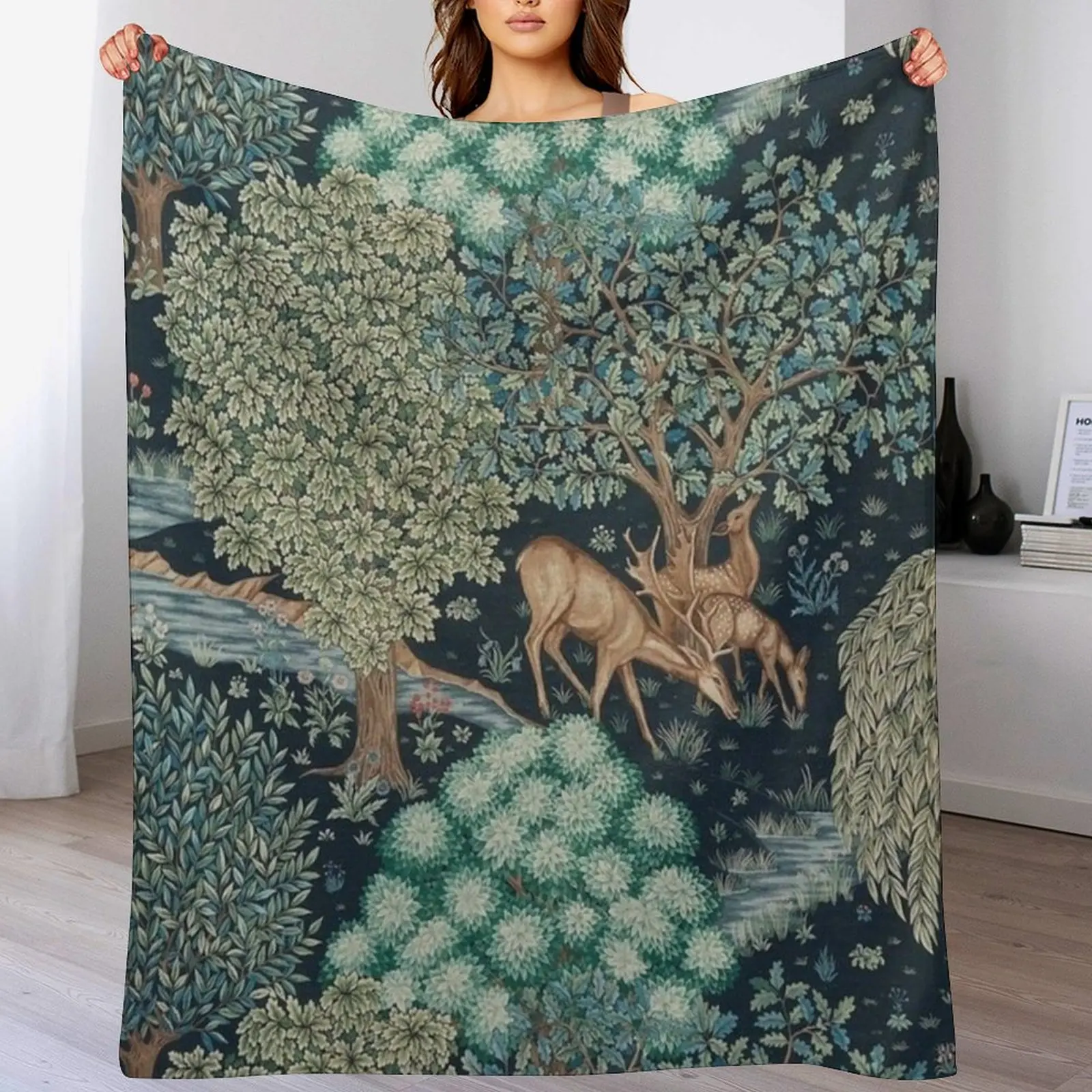 William Morris - The Brook Tapestry - Forest Deer Throw Blanket Decorative Sofa Luxury Flannels For Baby Blankets