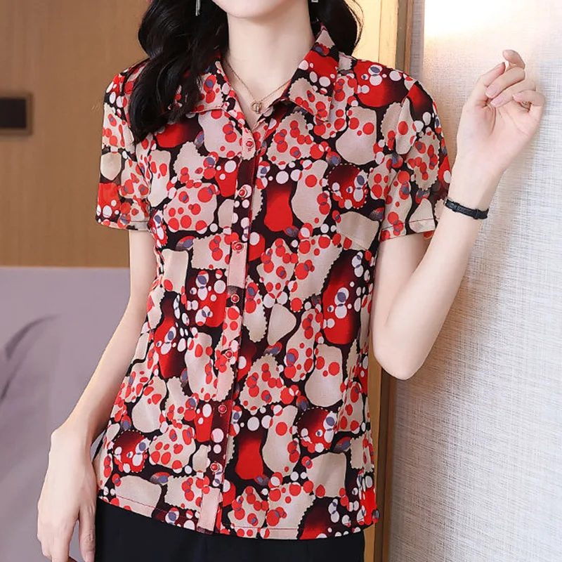 Vintage Office Lady Floral Printed Folds Button Shirt Summer 2023 New Polo-Neck Short Sleeve Loose Cardigan Tops Ladies Clothing