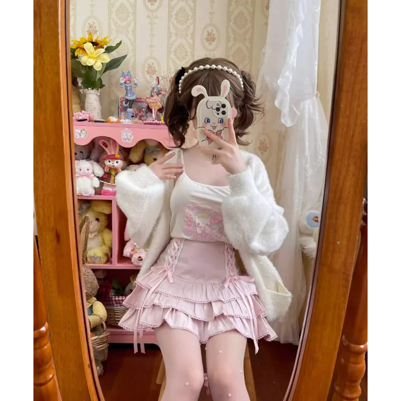 Japanese Kawaii Lolita Style Pleated Skirts Women High Waist Pink Bandage Fairy Y2k Aesthetic Skirt Cute Faldas Mujer Moda 2025