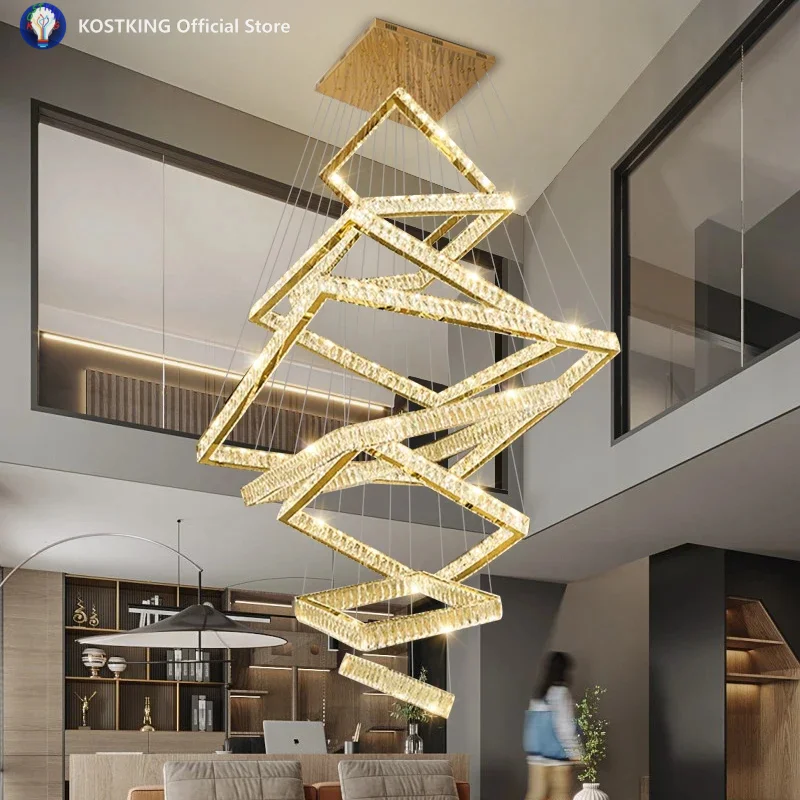 Duplex Villa Living Room Light Simple Modern Light Luxury Pick Empty Led Crystal Light Stairwell Pick High Square Frame Chandeli