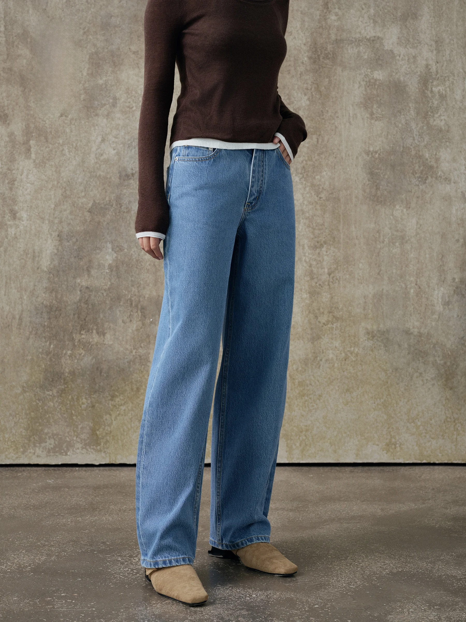 

Высококачественные базовые прямые синие джинсы из чистого хлопка, повседневные широкие брюки с высокой талией для взрослых, свободная осенняя одежда