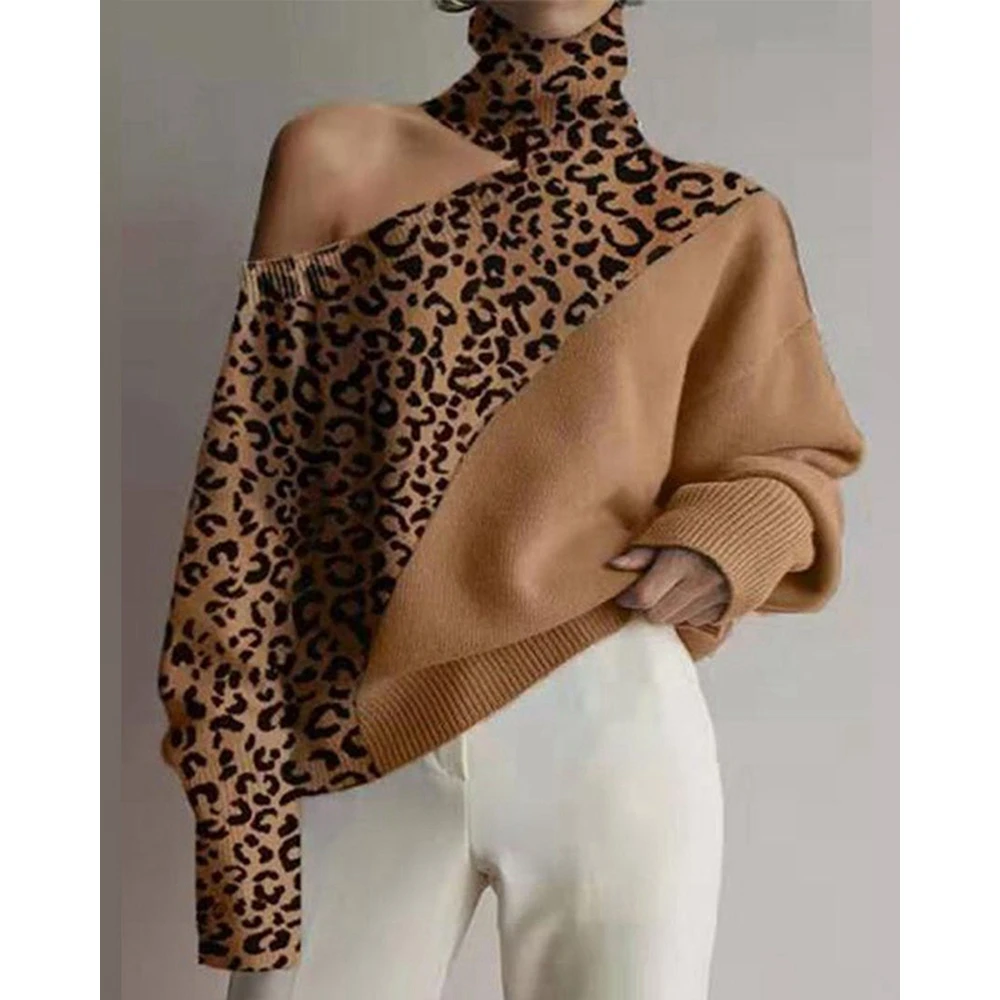 

Casual Autumn Winter Leopard Colorblock Cold Shoulder Turtle Neck Long Sleeve Sweater Femme Fashion Sexy Knitted Jumper Top