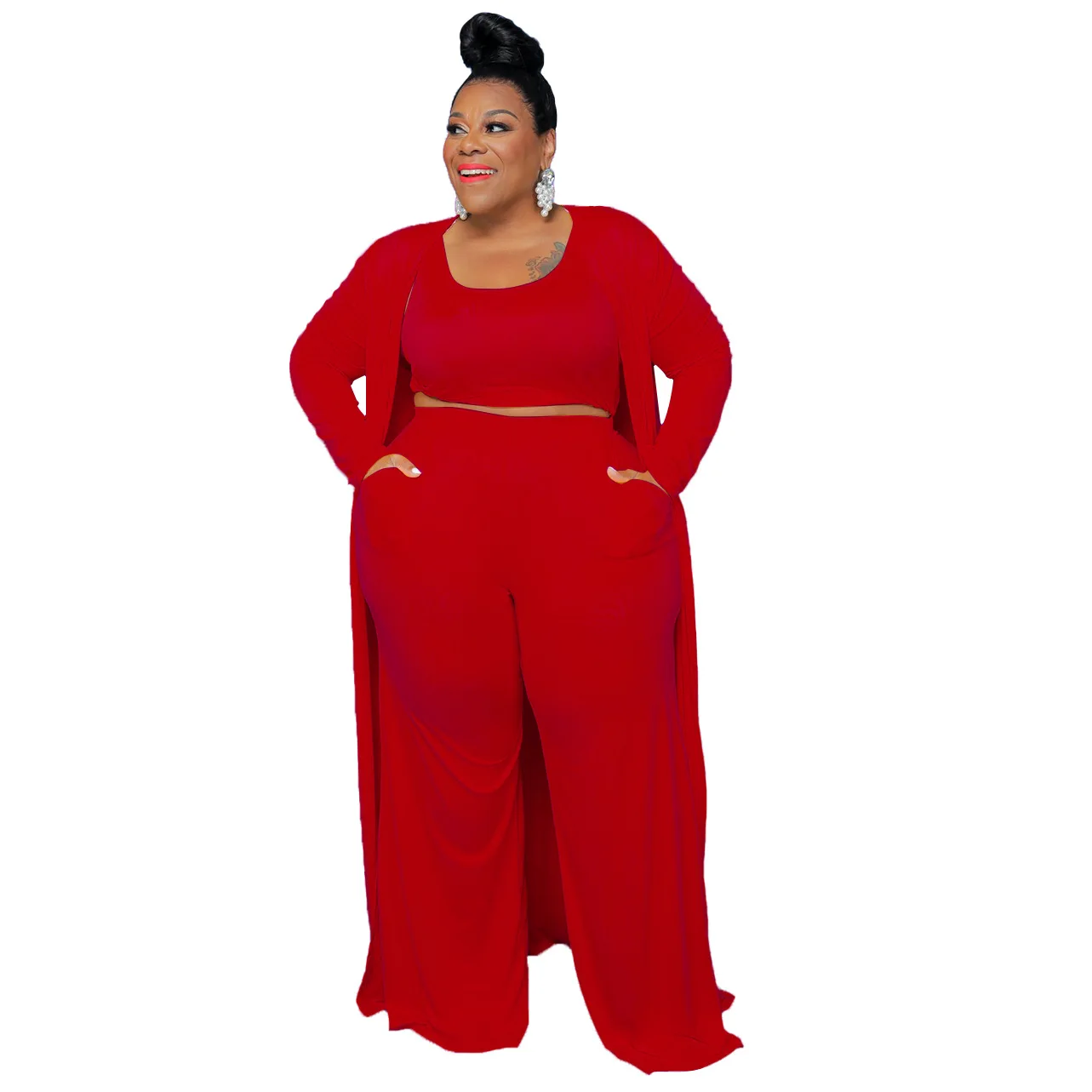 L-5XL Plus Size Women Clothing 2023 Winter New Fashion Long Sleeve Coat and Wide Leg Pant Suits Three Piece Sets Female Outfits