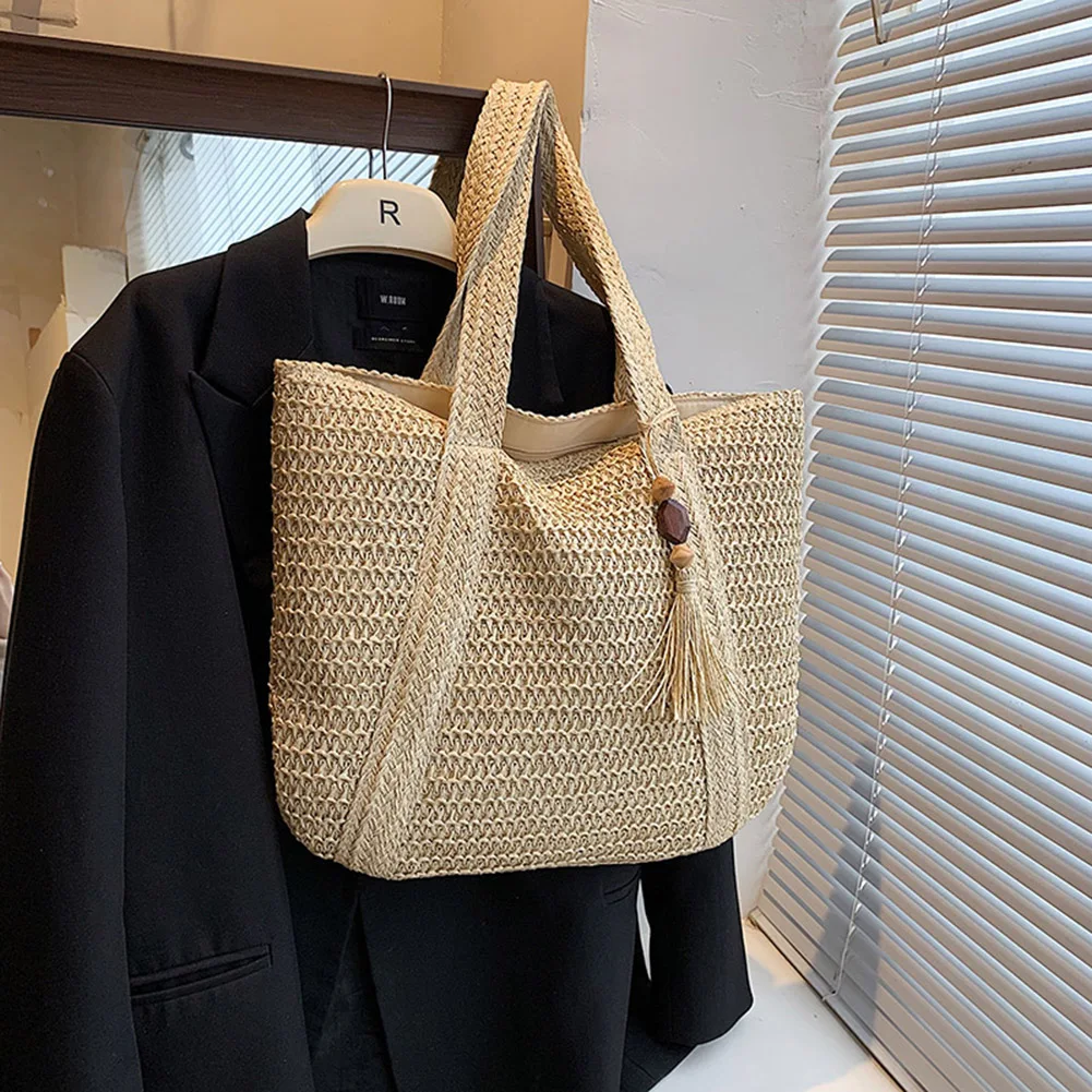 Fashion Hand-Woven Handbags Summer Top-Handle Bags Handmade Simple Large Capacity with Tassel Pendant Casual Tote Purses