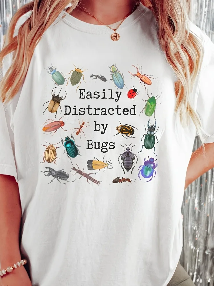 Women's Casual Distracted By Bugs Print T-Shirt Spring/Summer/Fall Top Animal Pattern Insect Enthusiast Gift Casual Style