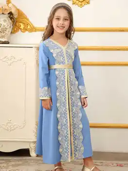Girls Moroccan Lace Ramadan Dress 2 Middle East Morocco Ethnic Lace Robe Muslim Dubai Girls Dress Islamic Wedding Ramadan Festival Costume 2