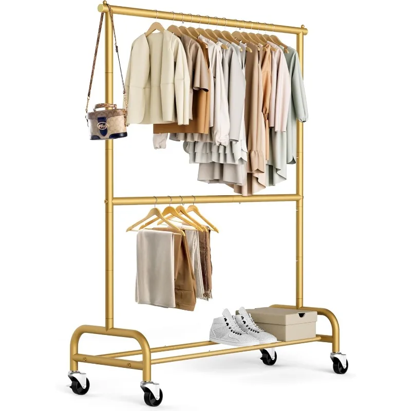 

Hanging Clothes Heavy Duty Clothes Rack Double Garment Rack Metal Rolling Coat Rack Closet Wardrobe