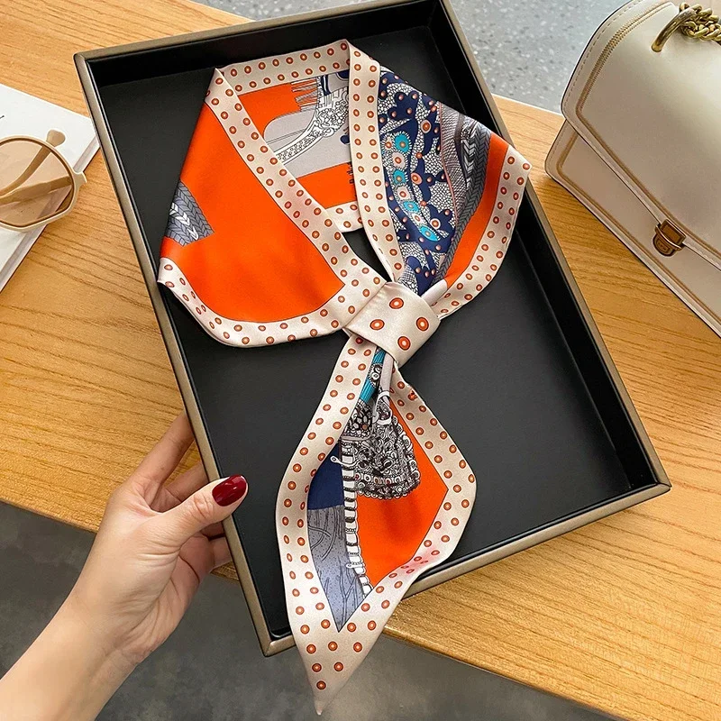 Fashion Print Hair Ribbons Scarf Women Silk Scrunchies Hair Bands Female Neck Tie Skinny Bag Scarfs Bandana Accessories Headware