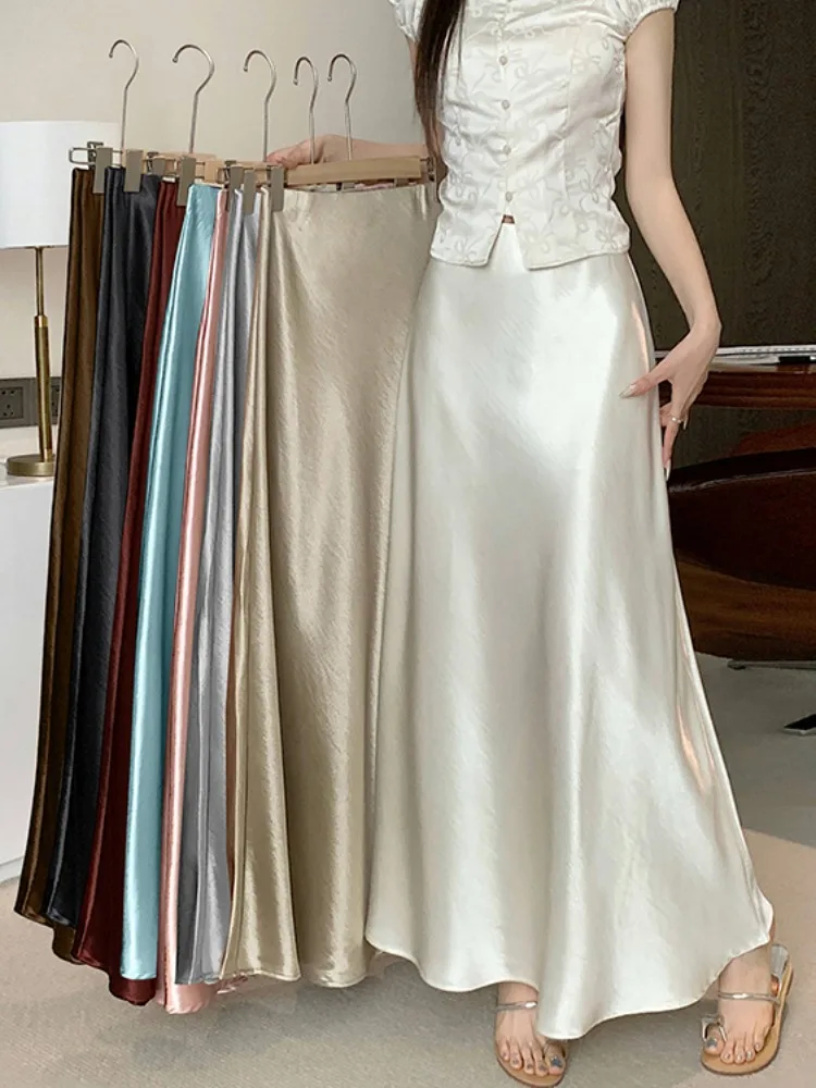 

Ele High Waist A-Line Acetate Satin f Skirt Women's Spring Summer Slimming Fi Tail Skirt Hip Covering Ladies' Skirt