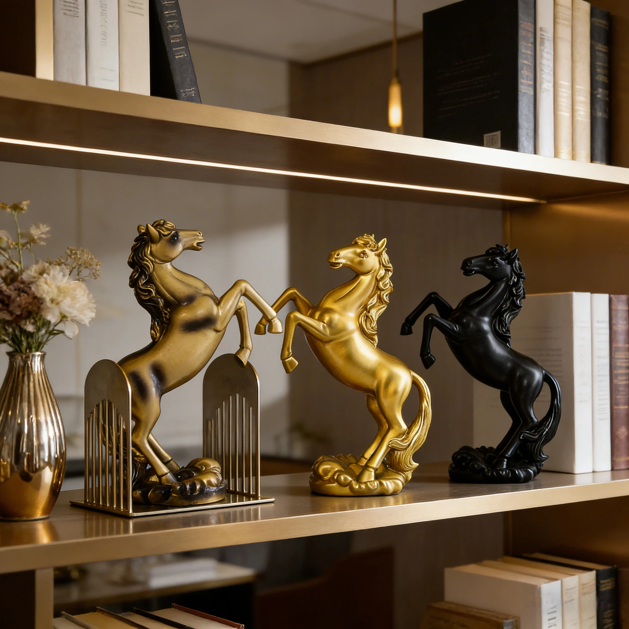 Light Luxury Metal-Textured Resin Horse Figurine, Home Decor for Duplex Staircases, Corner Closets, and Display Shelves, Symbolizing Career Prosperity and Good Fortune, High-End Home Decor Item, Inspirational Decoration for Business People's Study or Office Desk