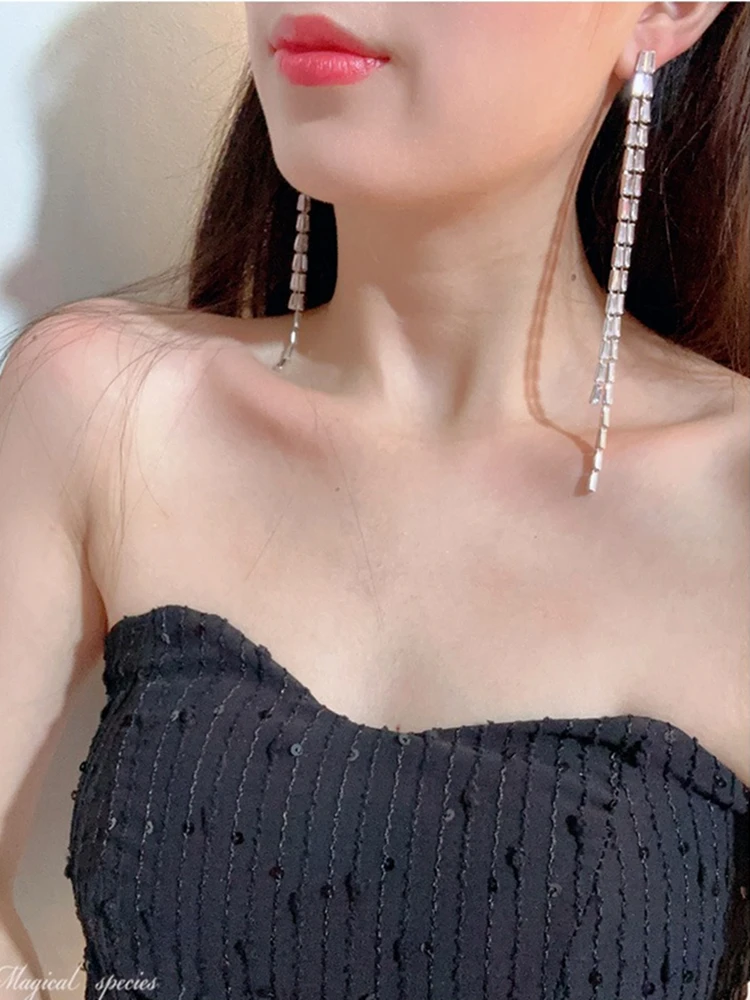 Luxury Shiny Crystal Zircon Long Tassel Earrings for Women Geometric Hanging Drop Dangle Earrings Female Wedding Party Jewelry