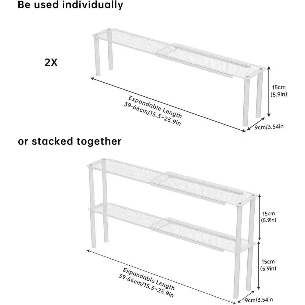 Stackable Mesh Plant Shelves for Kitchen Sink, Expandable Countertop Organizer, 2 White Narrow Holders