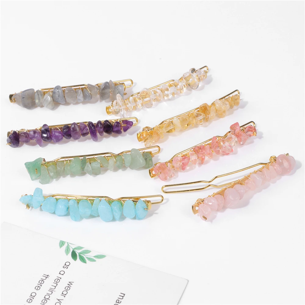 Healing Crystal Hair Clip Women Natural Chip Stone Hairpins Quartz Beaded Hairpins Stone Barrettes Headdress Hair Accessories