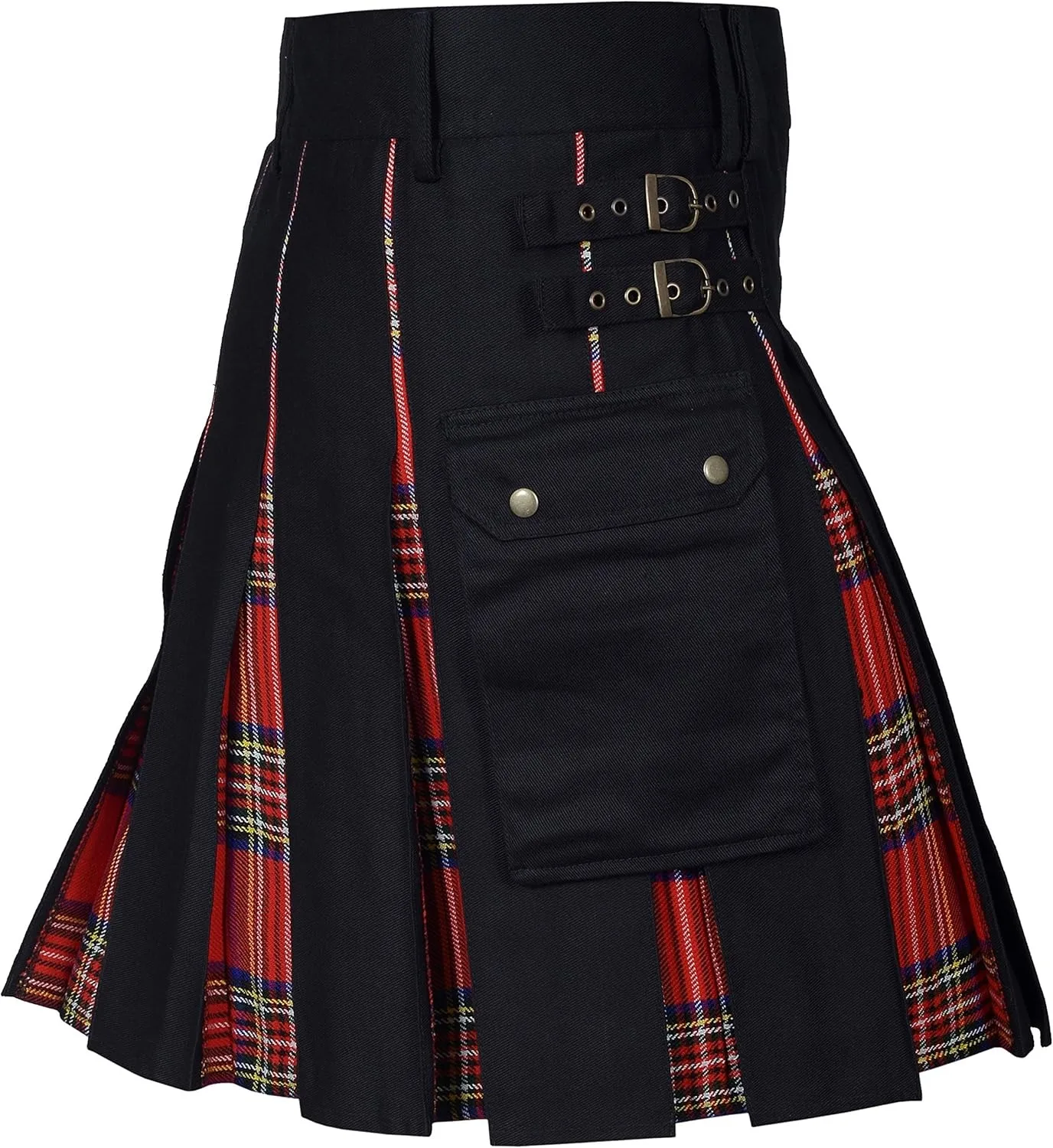 Men ' s Modern Plus Size Scottish Skirt Hybrid Utility Kilt Black Cotton & Tartan Kilts for Men-Multiple Cargo Pocket