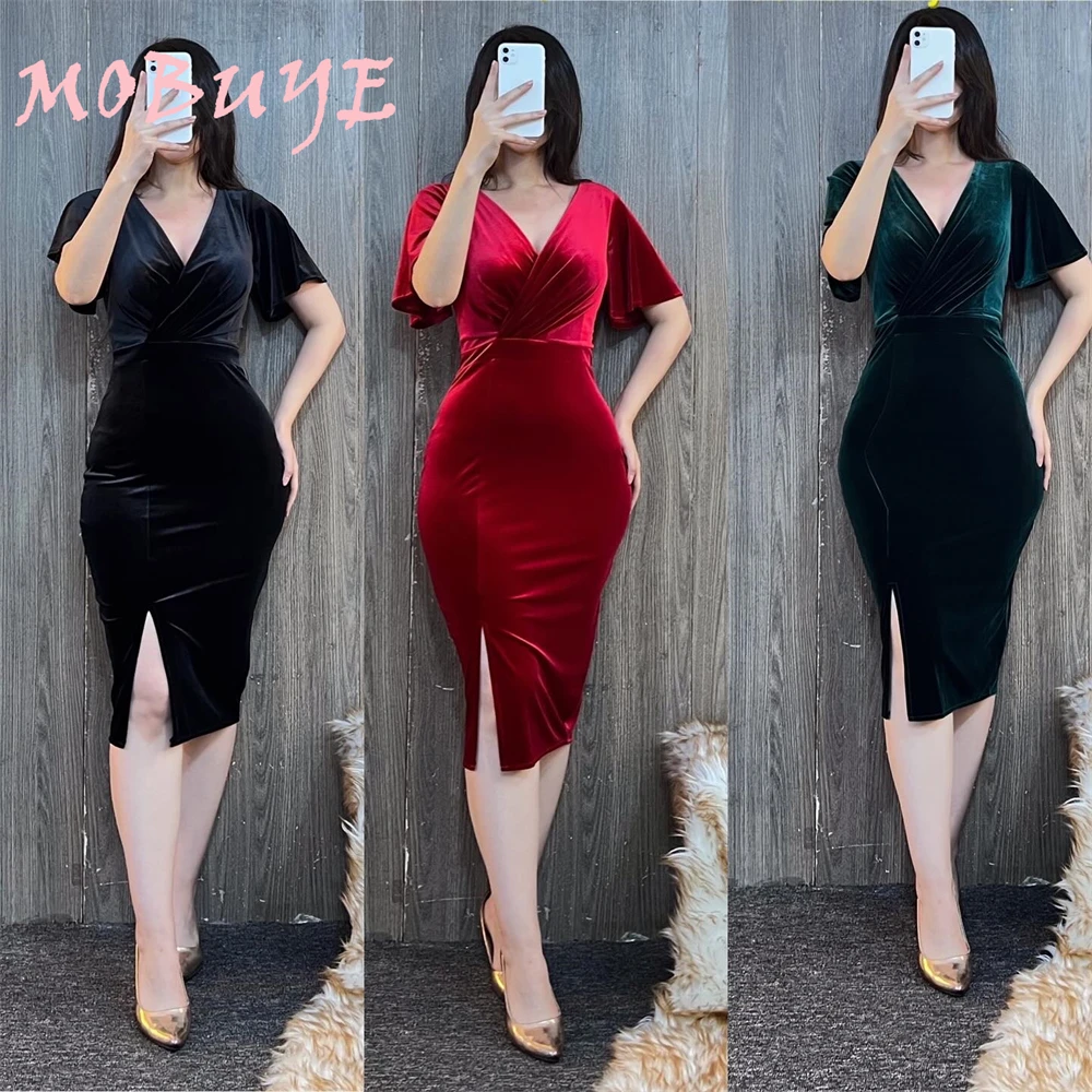 MOBUYE 2024 Popular V Neckline Prom Dress Short-Length With Short Sleeves Evening Fashion Elegant Party Dress For Women