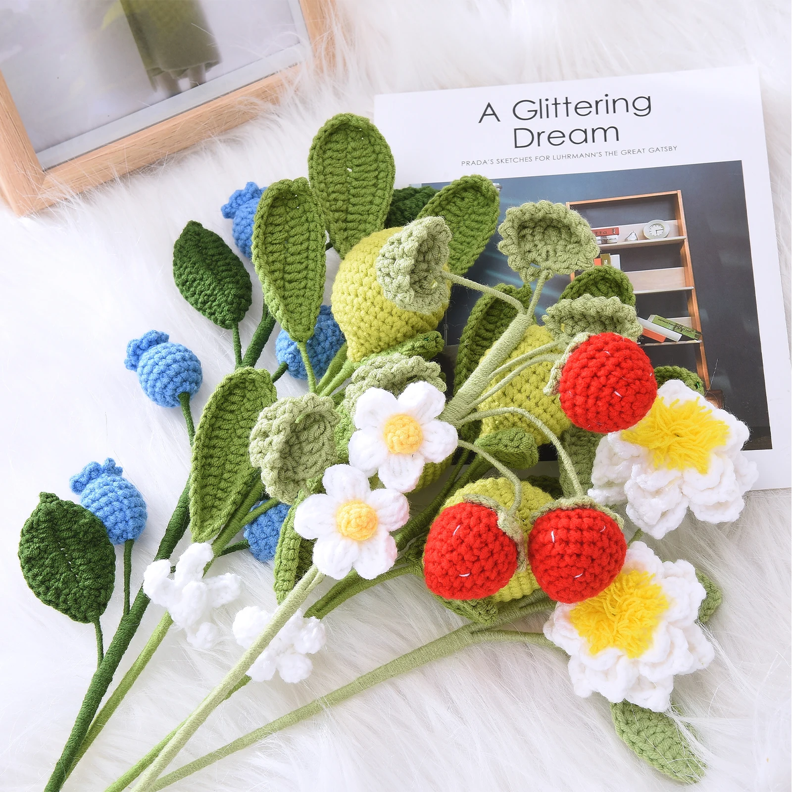 Handmade Knitted Crochet Finished Lemon Strawberry Blueberry Gardenia Bouquet Valentine's Mother's Teacher's Day Gift Home Decor