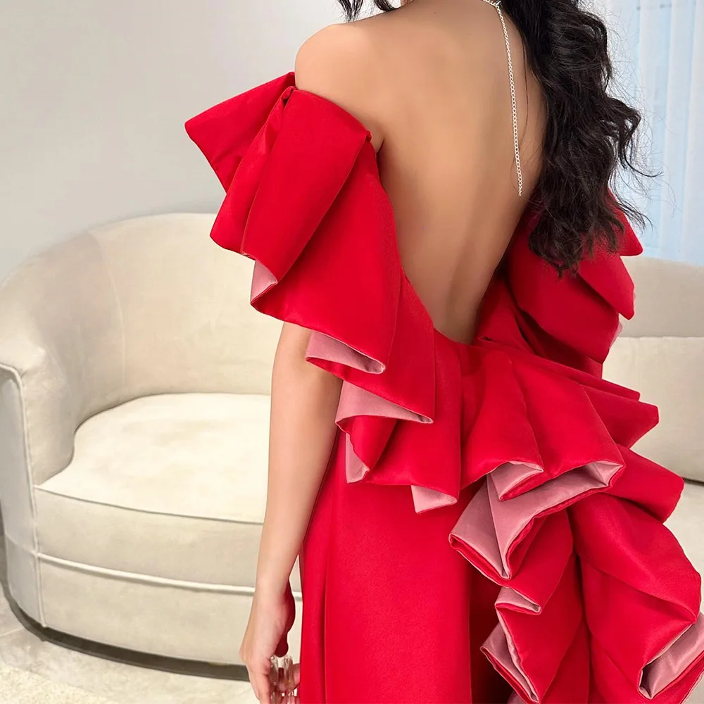 Temperament Ruffles Tiered Boat Neck A-Line Evening Dress Custom Size Satin Off the Shoulder Backless Irregular فساتين سهرة