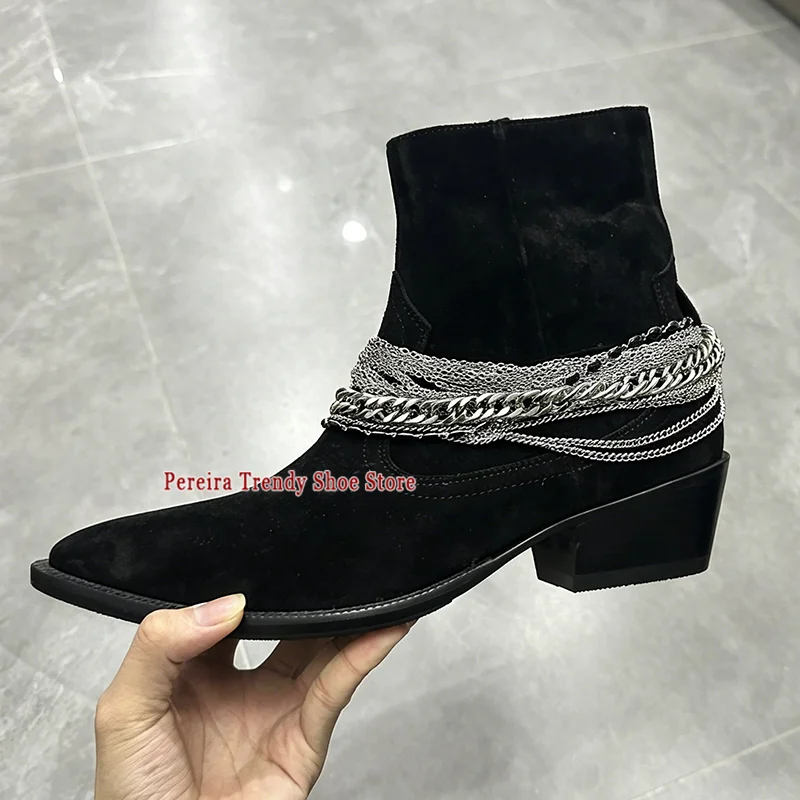 Men's Metal Chain Suede Chelsea Boots Spring Summer Trendy Pointed Toe Side Zipper Short Boots Luxury Party Wedding Dress Shoes