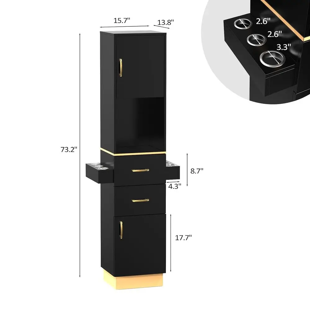 محطة صالون شعر أنيقة مع مساحة تخزين، درجين، 6 حاملات مجفف باللون الأسود الذهبي #3