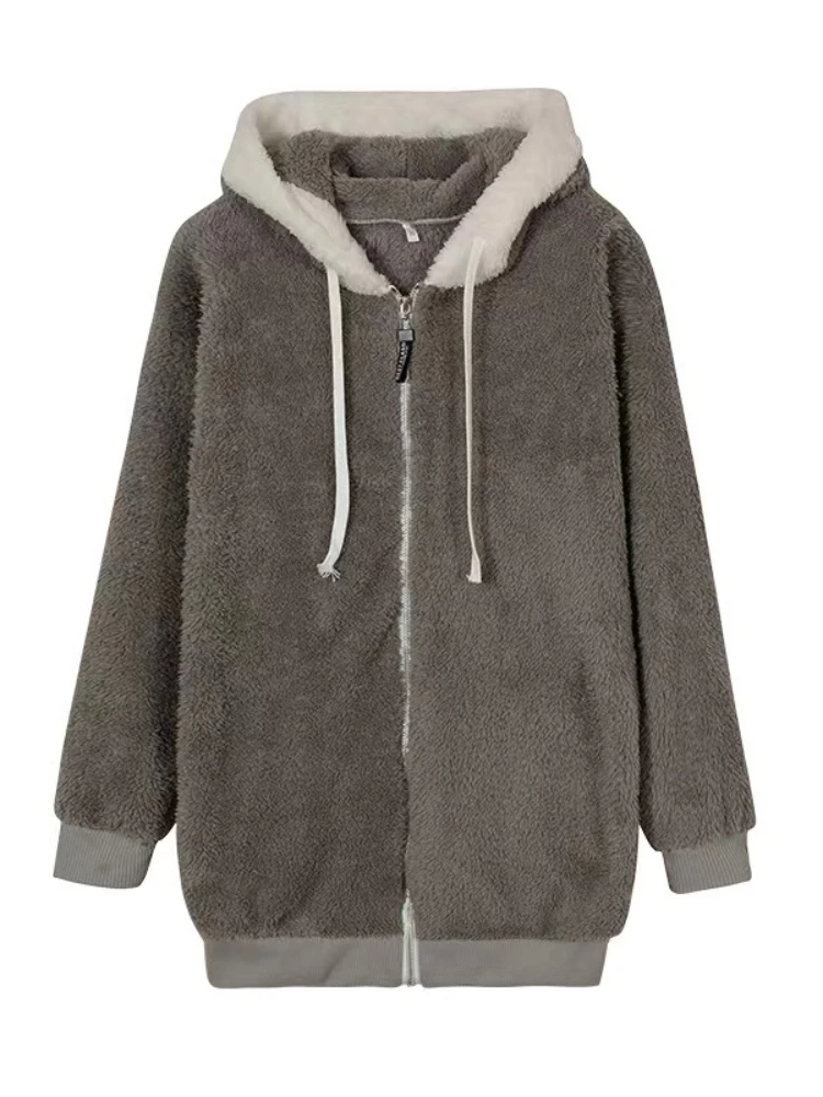 Women Jacket Autumn Winter Oversize Loose Plush Zipper Pocket Hooded Coats Women's Winter Coat Promotion Casual Tops Cardigan