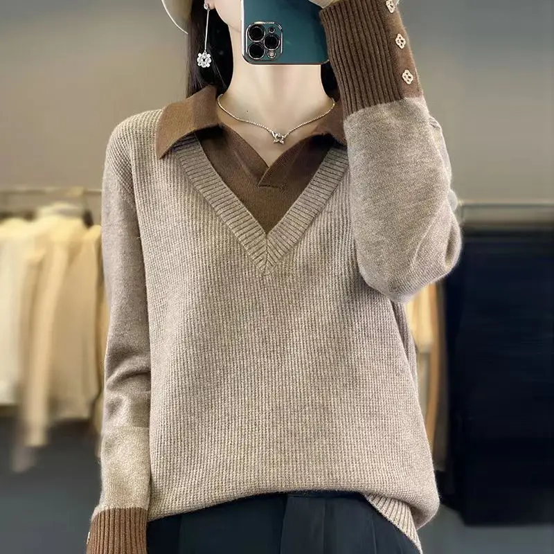 Women\'s Clothing 2023 Autumn Winter Korean Fashion Patchwork Elegant Chic Knitwear Female Lapel Long Sleeve Loose Pullover Tops