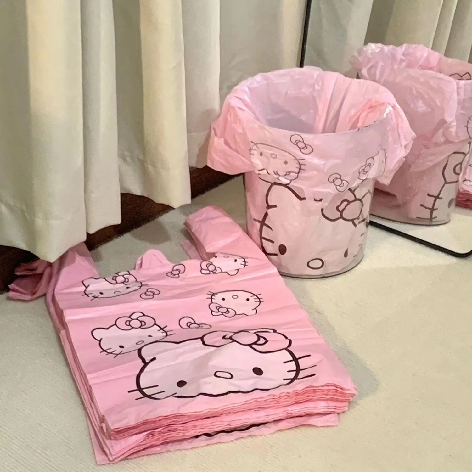 

Vest Bag Plastic Bag Pink Tote Bag Storage Bag Garbage Bag Household Cute Cartoon KT Cat Pattern Portable Garbage Bag