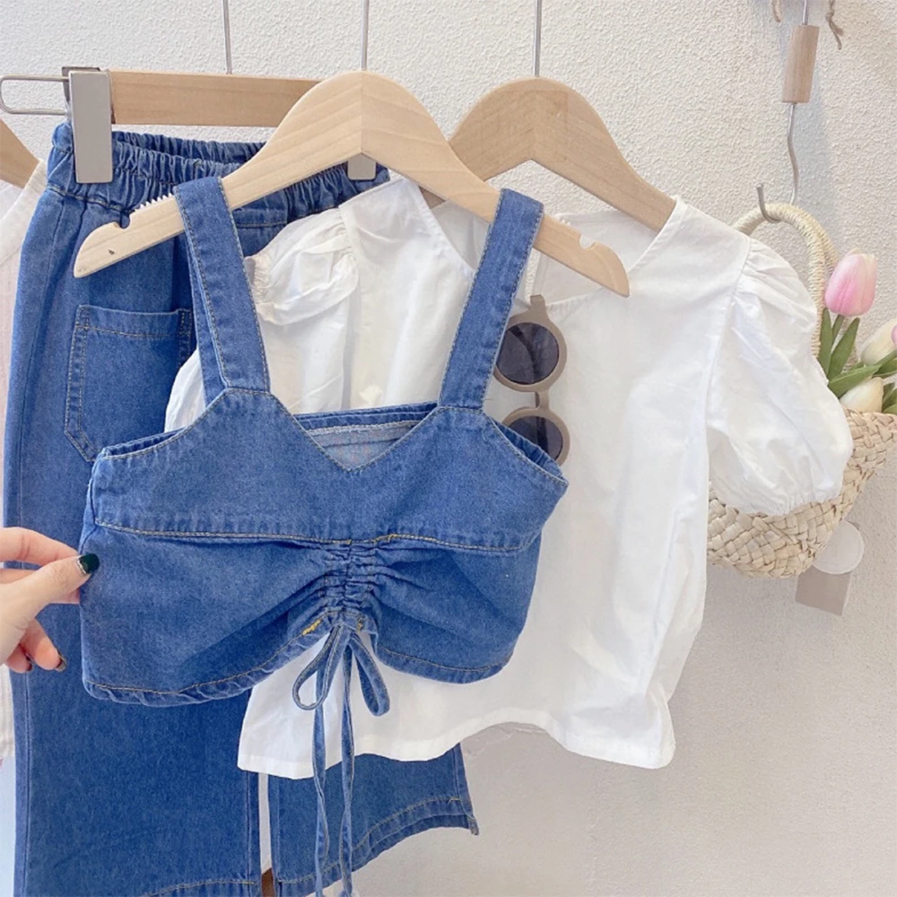 Bear Leader Girls' Set 2026 Summer New Round Neck Short Sleeve Shirt+Denim Tank Top+Pants Three Piece Children's Fashion Set