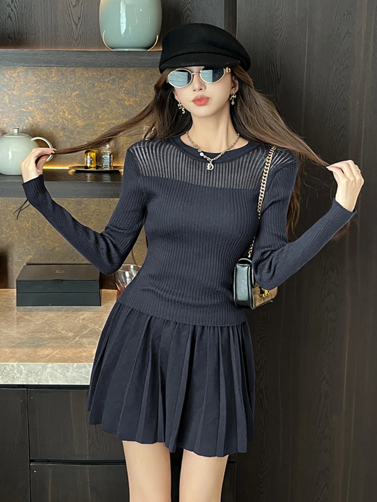 

Осенние модные женские вязаные костюмы, женские тонкие топы с круглым вырезом и длинными рукавами + мини-плиссированная юбка, темпераментные женские комплекты из двух предметов