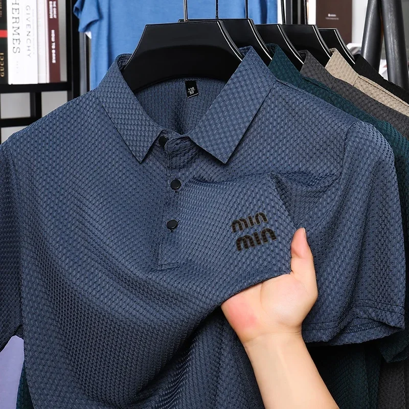 

Мужская летняя высококачественная модная рубашка-поло с короткими рукавами и деловым значком, удобная эластичная футболка из ледяного шелка
