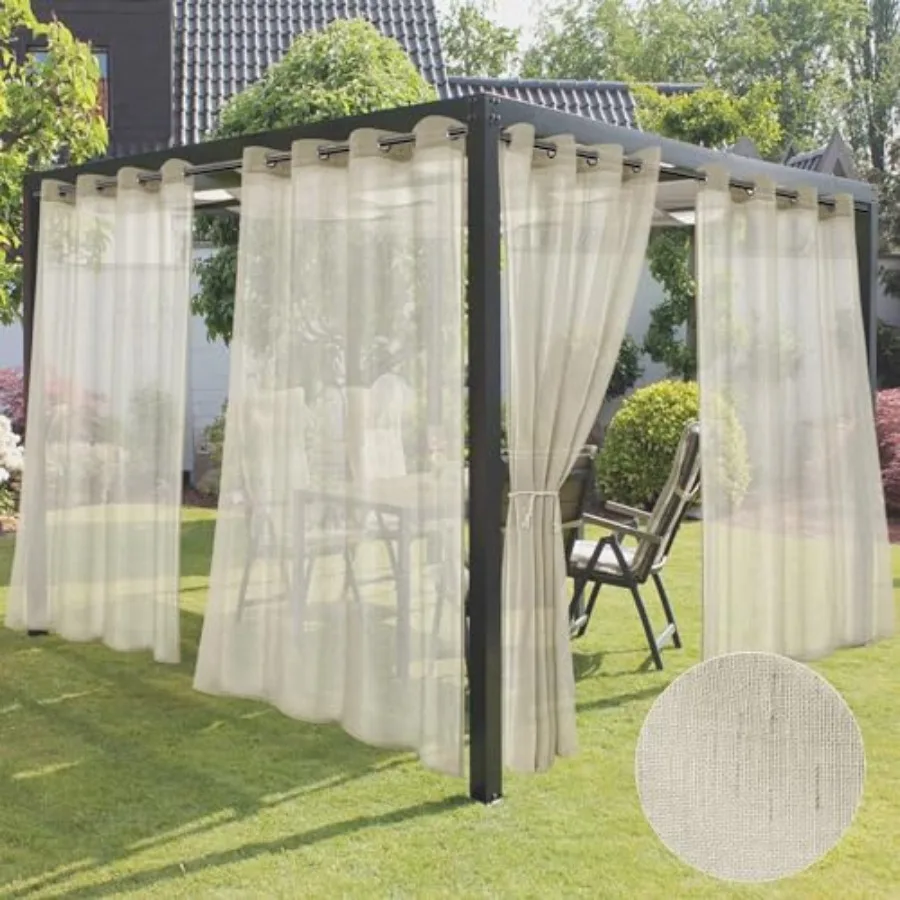 4 Panels Outdoor Curtains for Patio-Natural Semi Sheer Waterproof Curtains for Gazebo, Pergola, Balcony, Pool, Backyard-Beige,