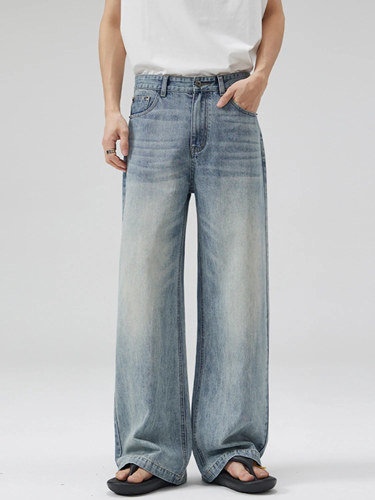 

American Retro Cleanfit Light Blue Men's Jeans Straight Loose Wide Leg Long Trousers Cotton Youth Faion Summer Wear