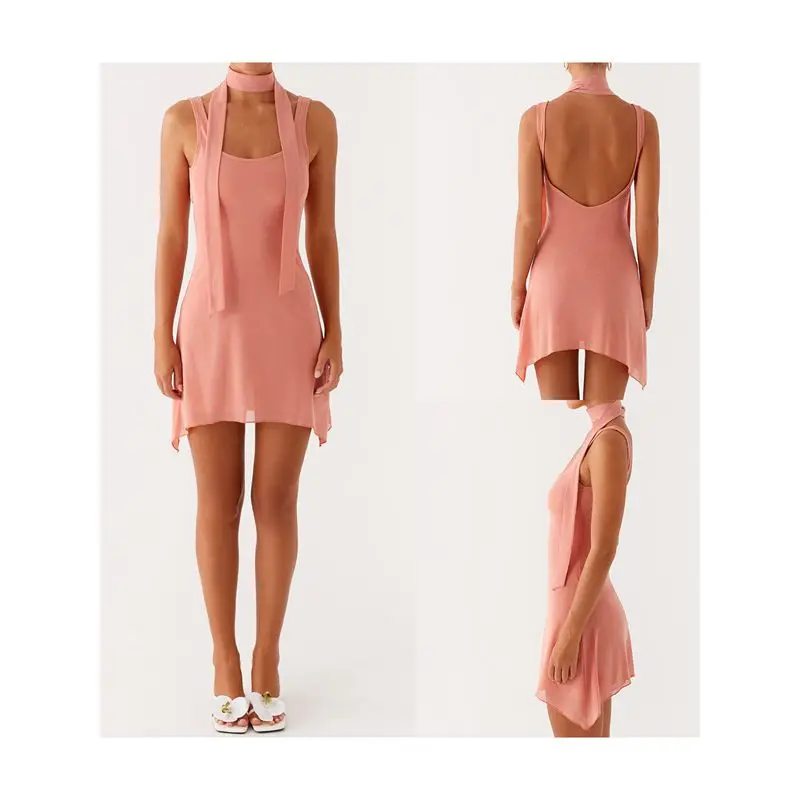 Combhasaki feminino verão elegante pescoço quadrado cor sólida sem costas malha plissado em camadas curto mini vestido regata linha a com cachecol