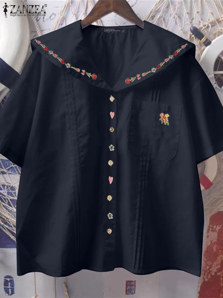 ZANZEA Vrouwen Shirts Bloemen Gedrukt Tops 2025 Bohemian Korte Mouw Sailor Kraag Blusas Losse Casual OL Werk Tuniek Vrouwelijke