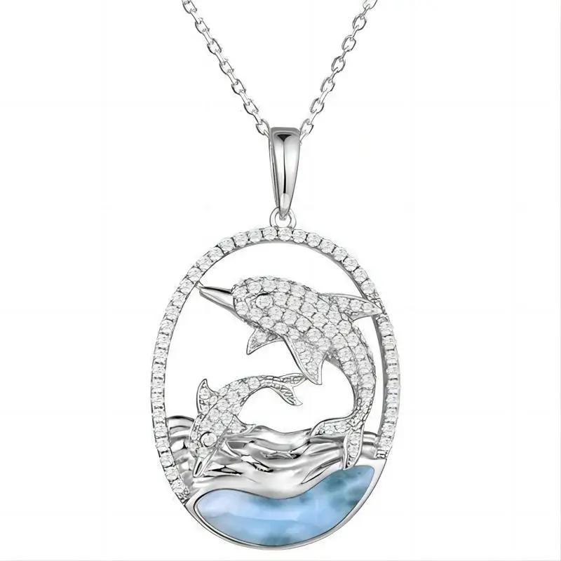 Hawaiian Jewelry Wedding Pendant Natural Larimar Sea Life Dolphin Jewelry   Sterling silver Jewelry For Women Or Teens