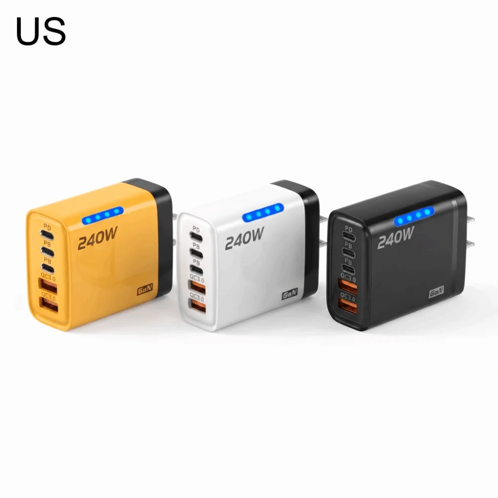 US Plug 240W Phone Charger Adapter GaN Fast Charge Wall Charger Adapter 5 in 1 Type C Phone Power Adapter Office Use