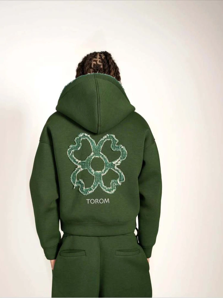 Ensemble sweat à capuche et pantalon pour hommes, vert Olive, Style de rue, décontracté, ample, 2 pièces, fermeture éclair brodée, vêtements de sport à la mode