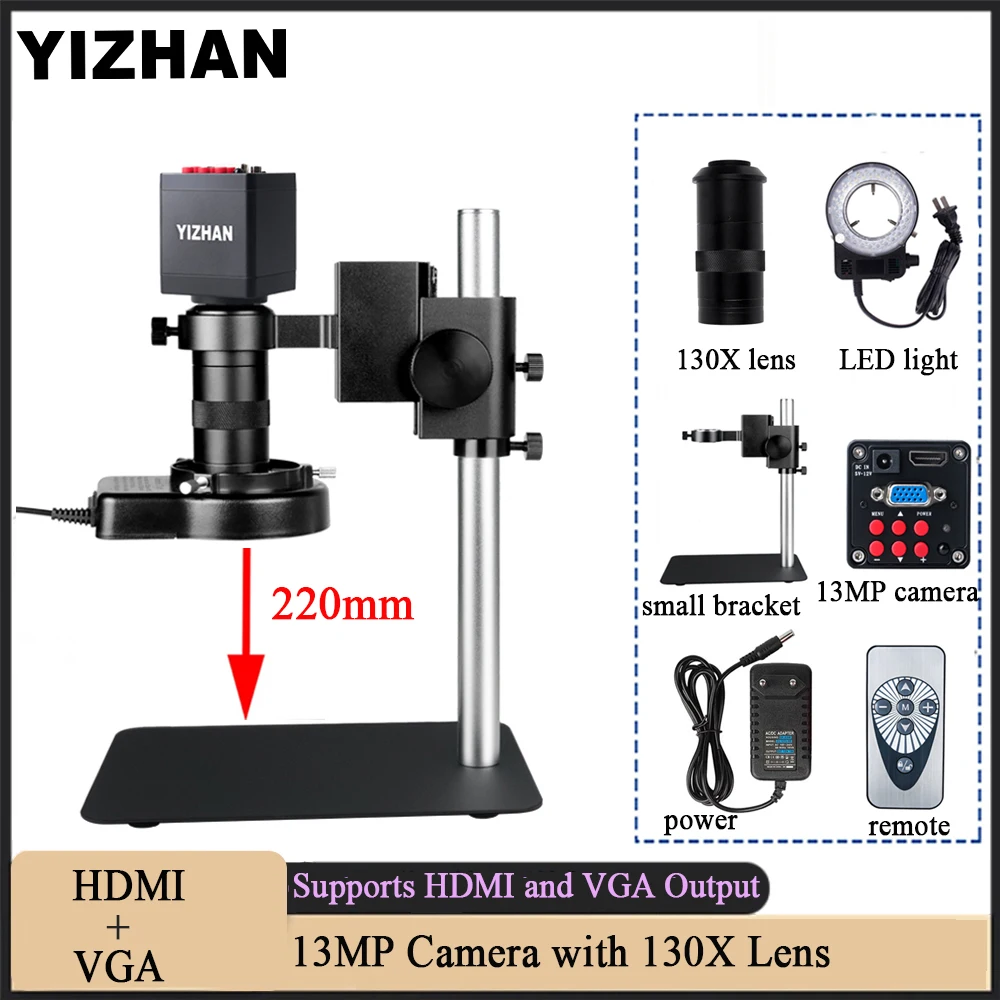 

YIZHAN Industrial Microscope 130X C-Mount Lens LED Light HDMI VGA Digital Microscope Camera for Smartphone Repair, PCB Soldering