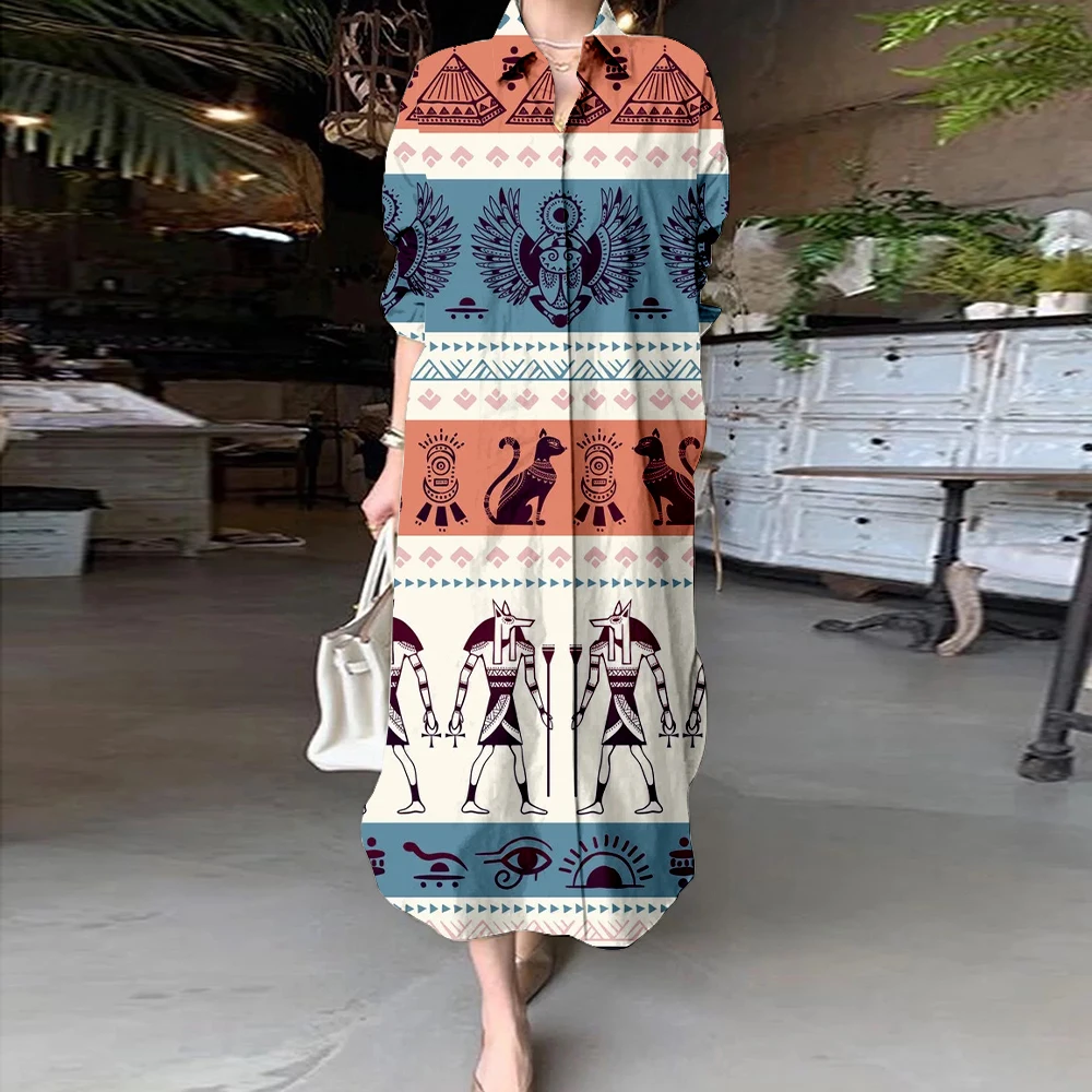 Vintage Tribal Ethnic Print Shirt Dress 2025 New Female Clothing Elegant Evening Party Dresses Lapel Women's Long Sleeve Dresses