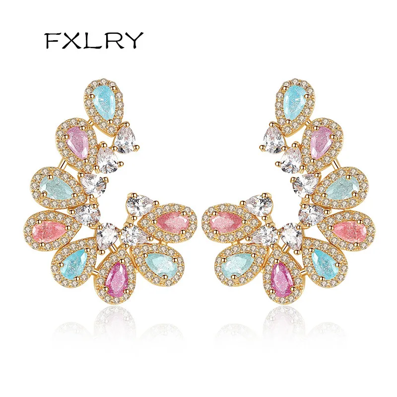 

FXLRY High Quality Waterdrop Full Mirco Paved Cubic Zircon Rainbow Wedding Earring Fashion Women Party Jewelry