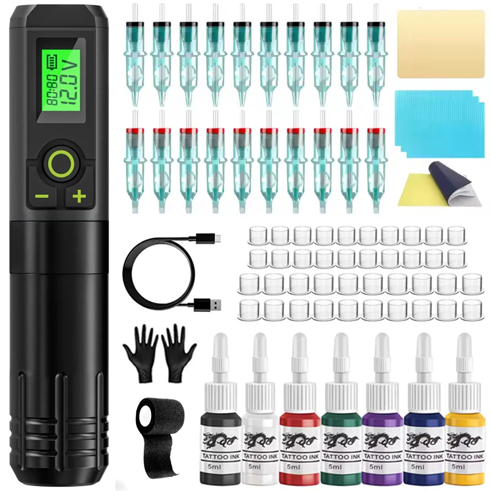 

Tattoo Kit - Wireless Tattoo Machine Pen Kit Complete Tattoo Gun Kit with a built-in 2000mAh Tattoo Power Suppl Tattoo Supplies